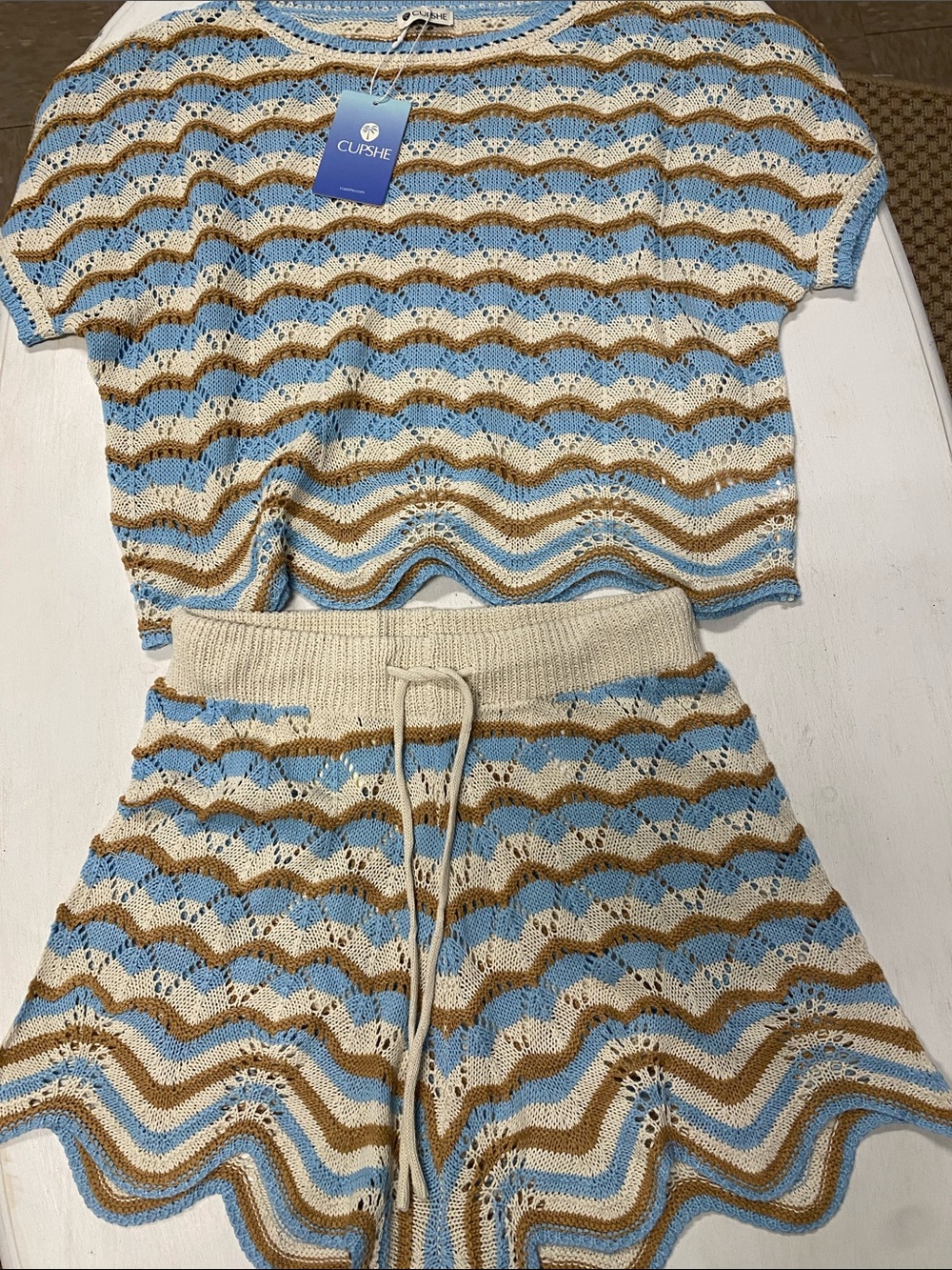 Cupshe Women’s Blue Tan & Cream Crochet Stripe Two-Piece Set